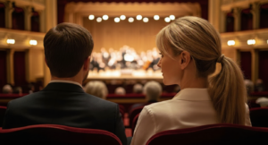 Zwei Personen im Theather, eine Person trägt Hörgeräte und kann über Auracast den Vollen Klang genießen