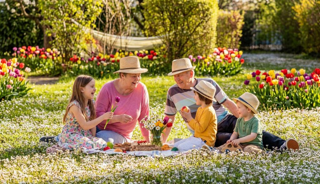 Großeltern und Enkel auf einer frühlingshaften Blumenwiese
