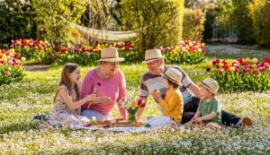 Großeltern und Enkel auf einer frühlingshaften Blumenwiese